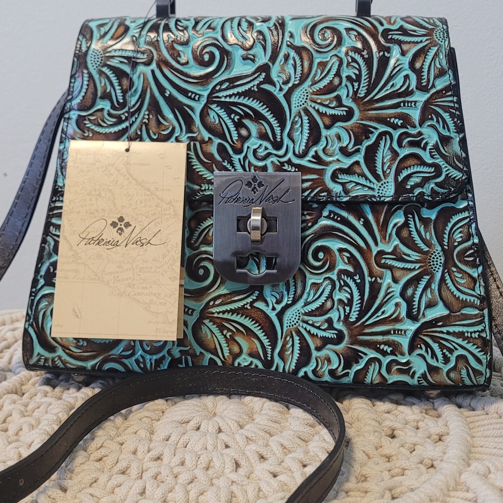 Patricia Nash Turquoise and Black Embossed Leather Bag - Picture 9 of 15